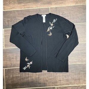 Designers Originals Womens Cardigan Sweater Black w/ Embroidered Flowers Med